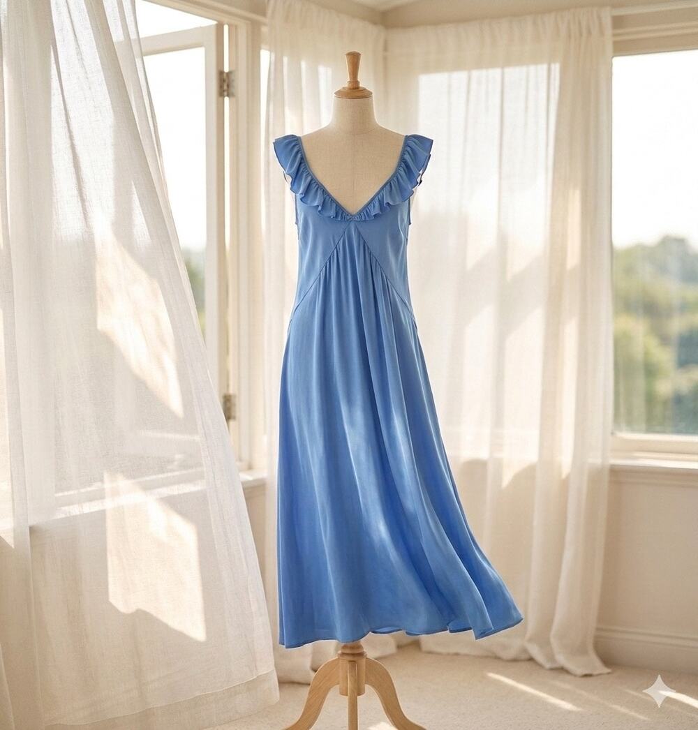 Zara Blue Ruffled Satin Effect V-Neck Midi Slip Dress sz S 70s Romantic Ballet